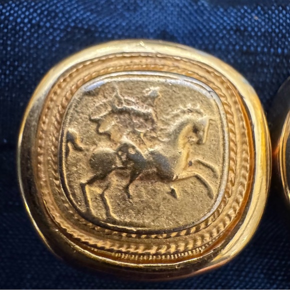 Vintage Gold Clip-On Earrings Horse Rider Relief | Greek Revival Style - Picture 3 of 7